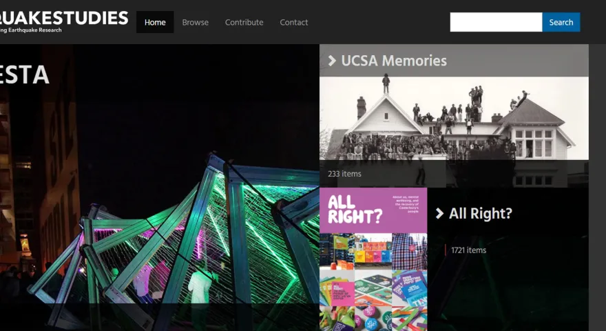 Screenshot of the Quakestudies website with the option to search and view UCSA Memories