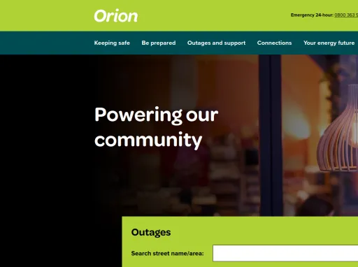 Screenshot of the Orion homepage showcasing where to search for outages and the text 'powering our community'