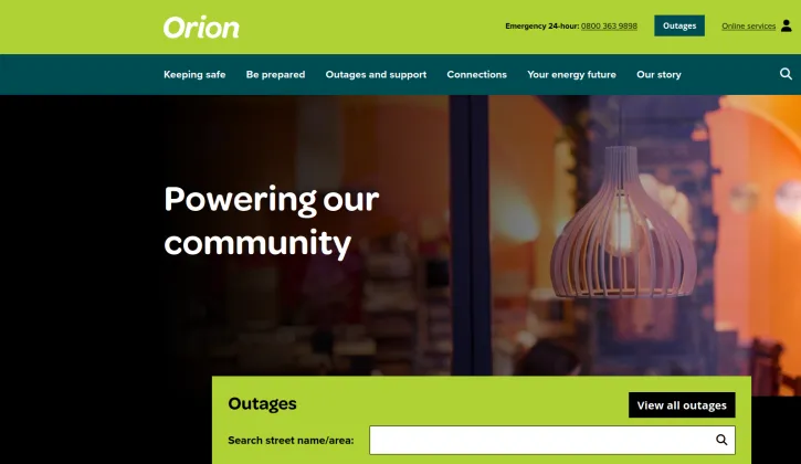 Screenshot of the Orion homepage showcasing where to search for outages and the text 'powering our community'