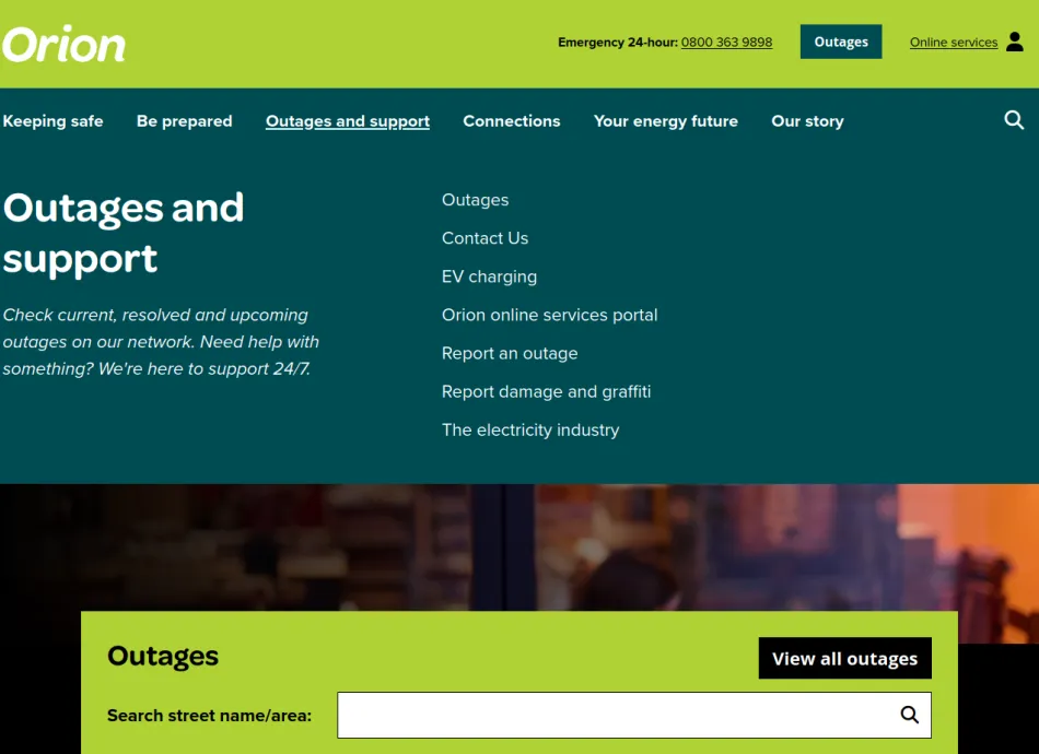 Screenshot of the Orion navigation bar displaying the options for outages and support