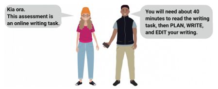 An illustration of a man and woman saying, Kia ora this assessment is your online writing task