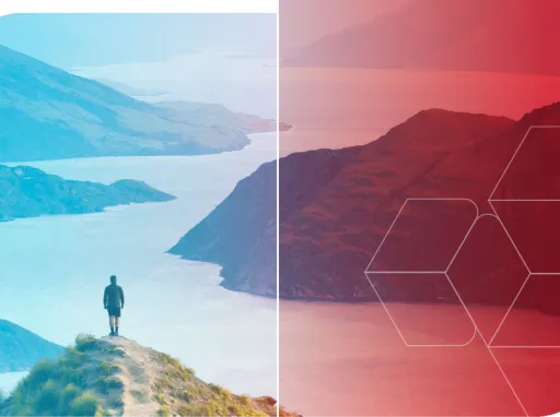 A person stood at the top of a New Zealand mountain with a Catalyst graphic overlaid