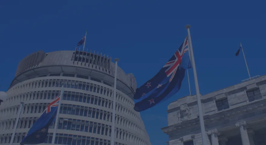 Beehive in Wellington with NZ flag