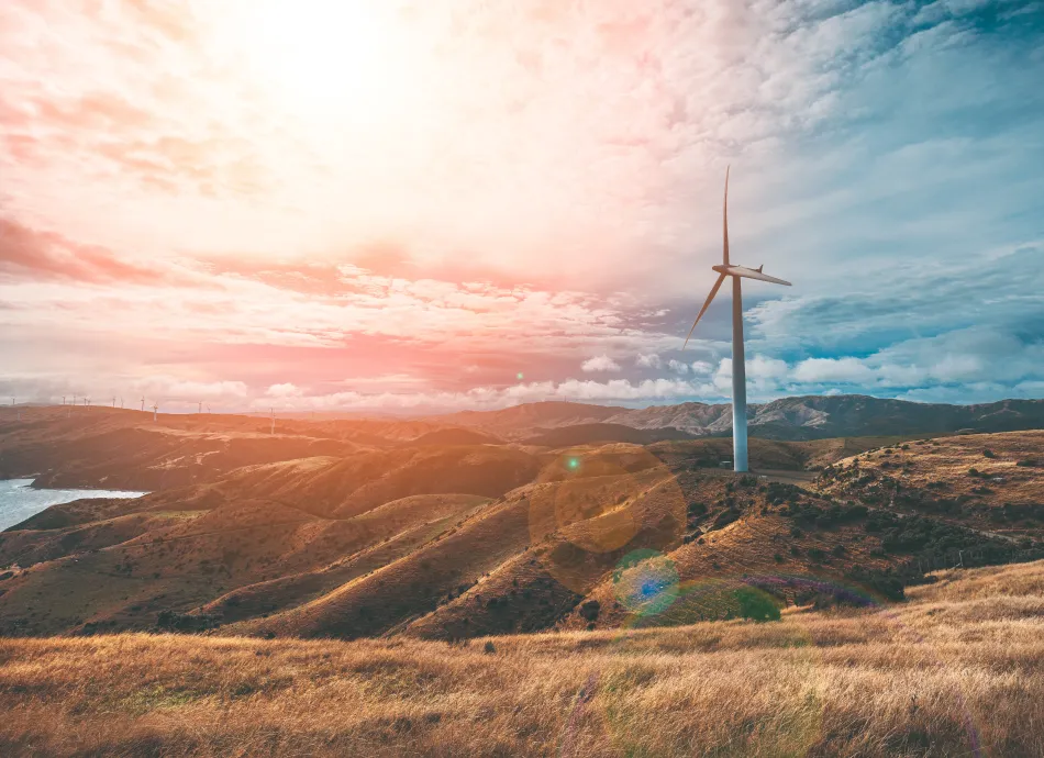 Landscape of Makara Beach in Wellington, New Zealand with windmills