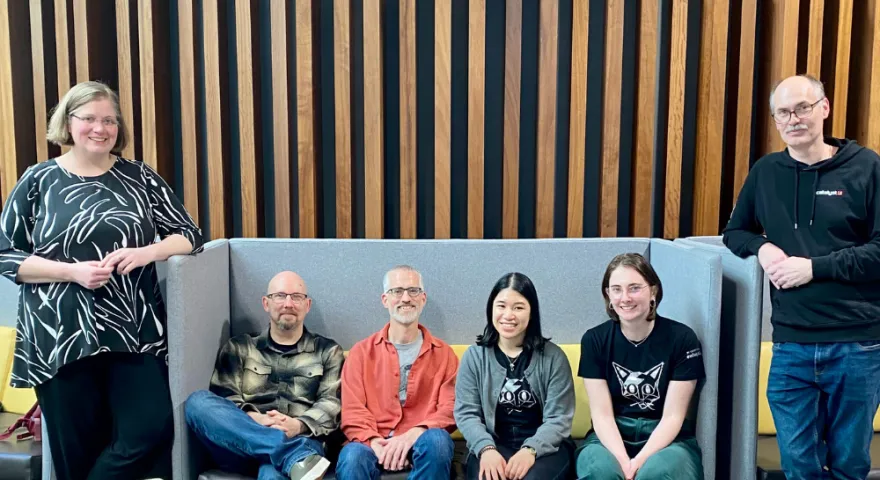 The Mahara team picutred smiling, Kristina, Rob, Phil, Doris, Evonne and Bob at the Mahara Hui Tāmaki Makaurau