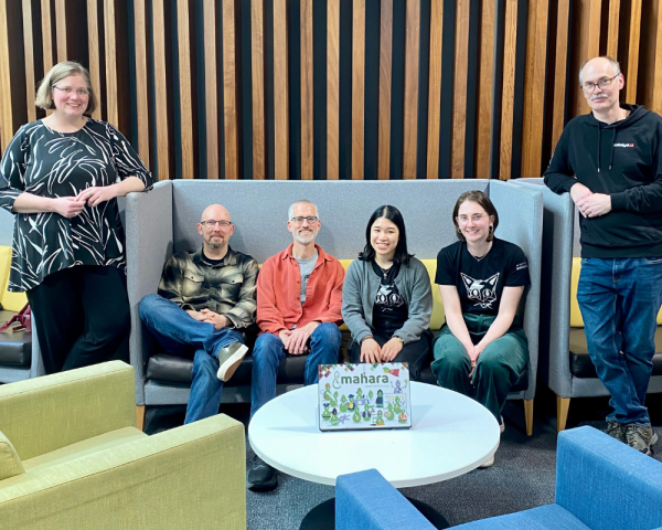 The Mahara team: Kristina, Rob, Phil, Doris, Yvonne, and Robert at Mahara Hui Tāmaki Makaurau 2024.