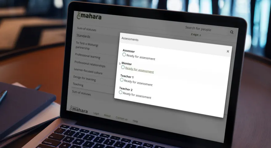 A laptop with Mahara open and a learner is choosing the option for what person they need to assess their assessment1