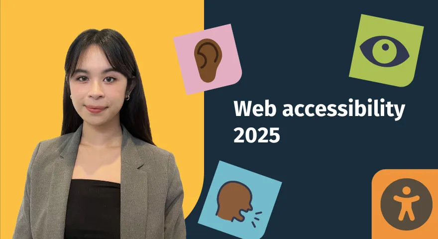Ella Banaticla smiling next to icons of an ear, eye, person talking and the text 'web accessibility 2025'