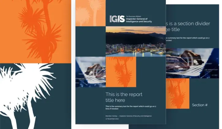 Examples of the new report document designs for IGIS including templates for the cover and standard page