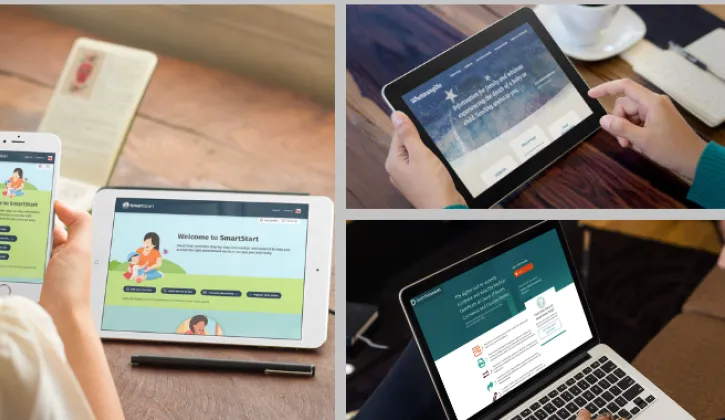 Three of DIA's life event sites are open on devices, the SmartStart home screen on mobile and table, Death Documents open on a laptop and Whetūrangitia open on a laptop. 