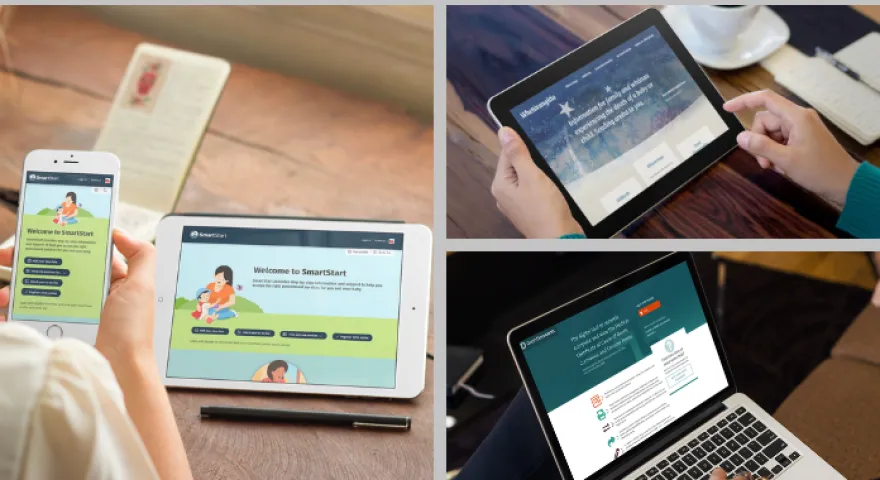 Three of DIA's life event sites are open on devices, the SmartStart home screen on mobile and table, Death Documents open on a laptop and Whetūrangitia open on a laptop. 