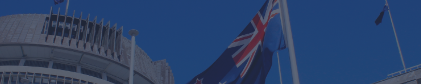 The beehive behind the NZ flag blowing in the wind on a clear blue day