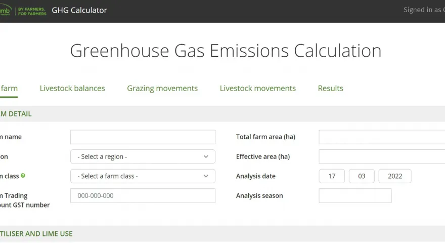 Screenshot of Beef + Lamb CHG Caluculator Greenhouse Gas Emissions Calculation with the options to fill in the details about your farm