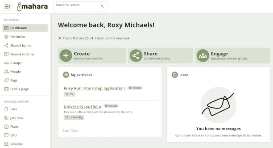 Mahara 26.04 dashboard showcasing the change in the design in the latest release. The navigation bar is now on the left hand side and the display is more clean and simple