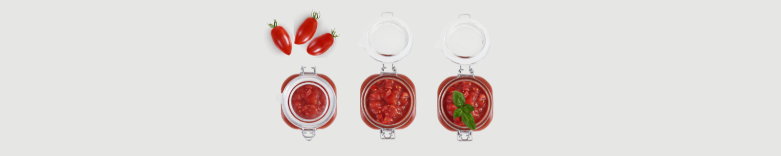 Birds eye view of three jars of pasta. The first is closed with tomatos above it. The socnd jar is open showing the sauce inside. The third is also open and the sauce is topped with basil leaves.