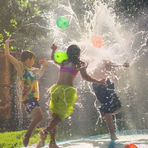 Kids having a water fight in a back yard