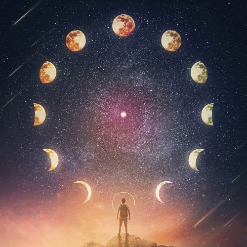 Image of lunar phases showing all phases in the sky with a person watching