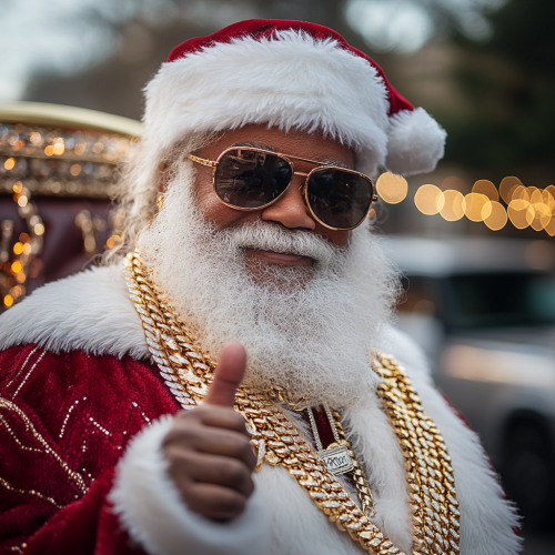 Santa as a rap star with a thumbs up wearing shades and gold chains