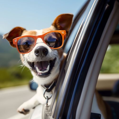 Dog in car sticking head out window while wearing sunglasses